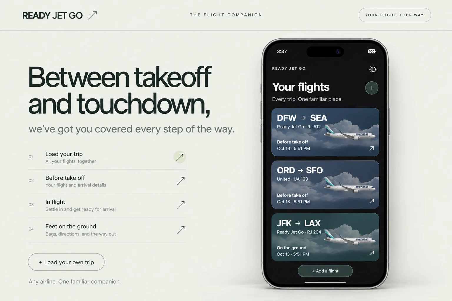 READY JET GO flight companion app on a phone showing trip cards